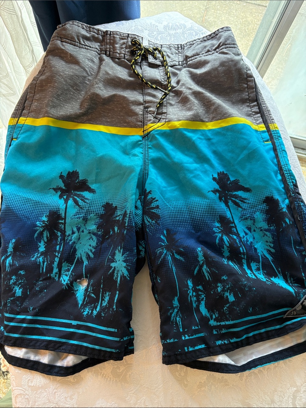 Vintage Men's Teal and Black Palm-Print Swim Board Shorts with Yellow Accent